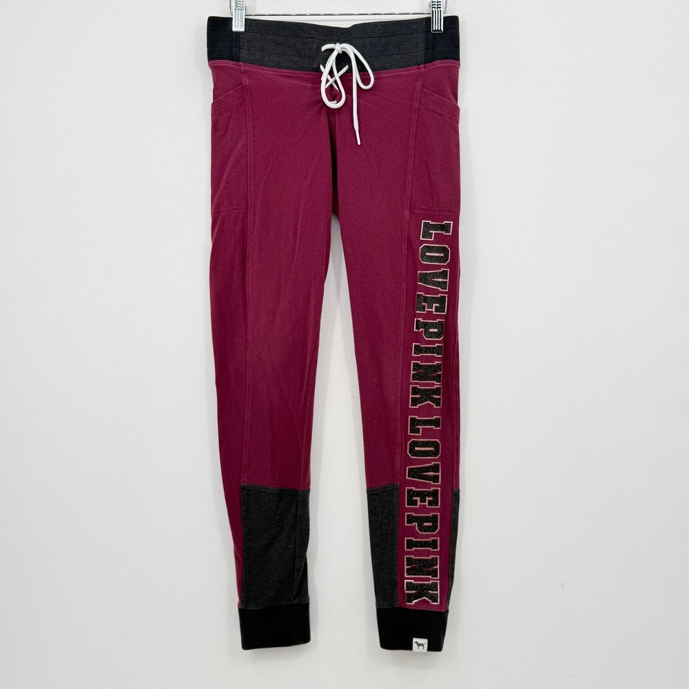Victoria's Secret Pink Joggers Womens Medium Burgundy Glitter Y2K Sweatpants